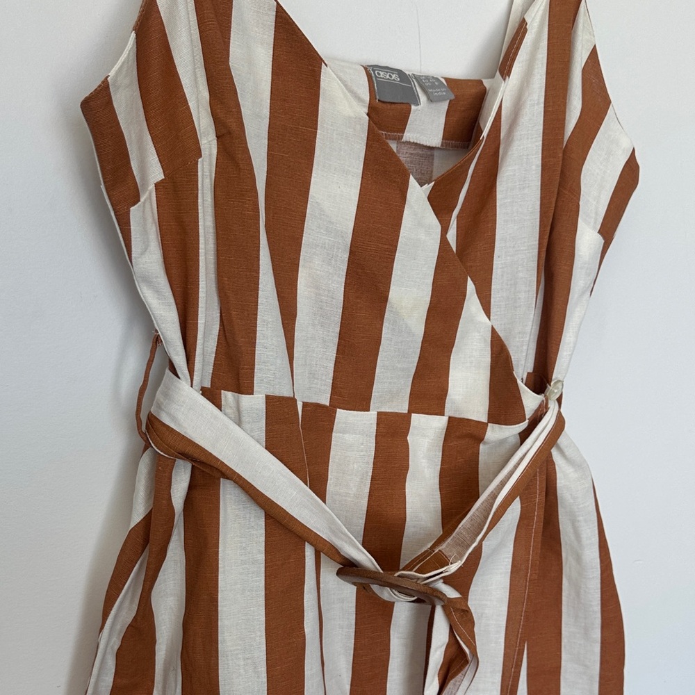 ASOS Brown and White Striped Midi wrap Dress 8 - Picture 3 of 9